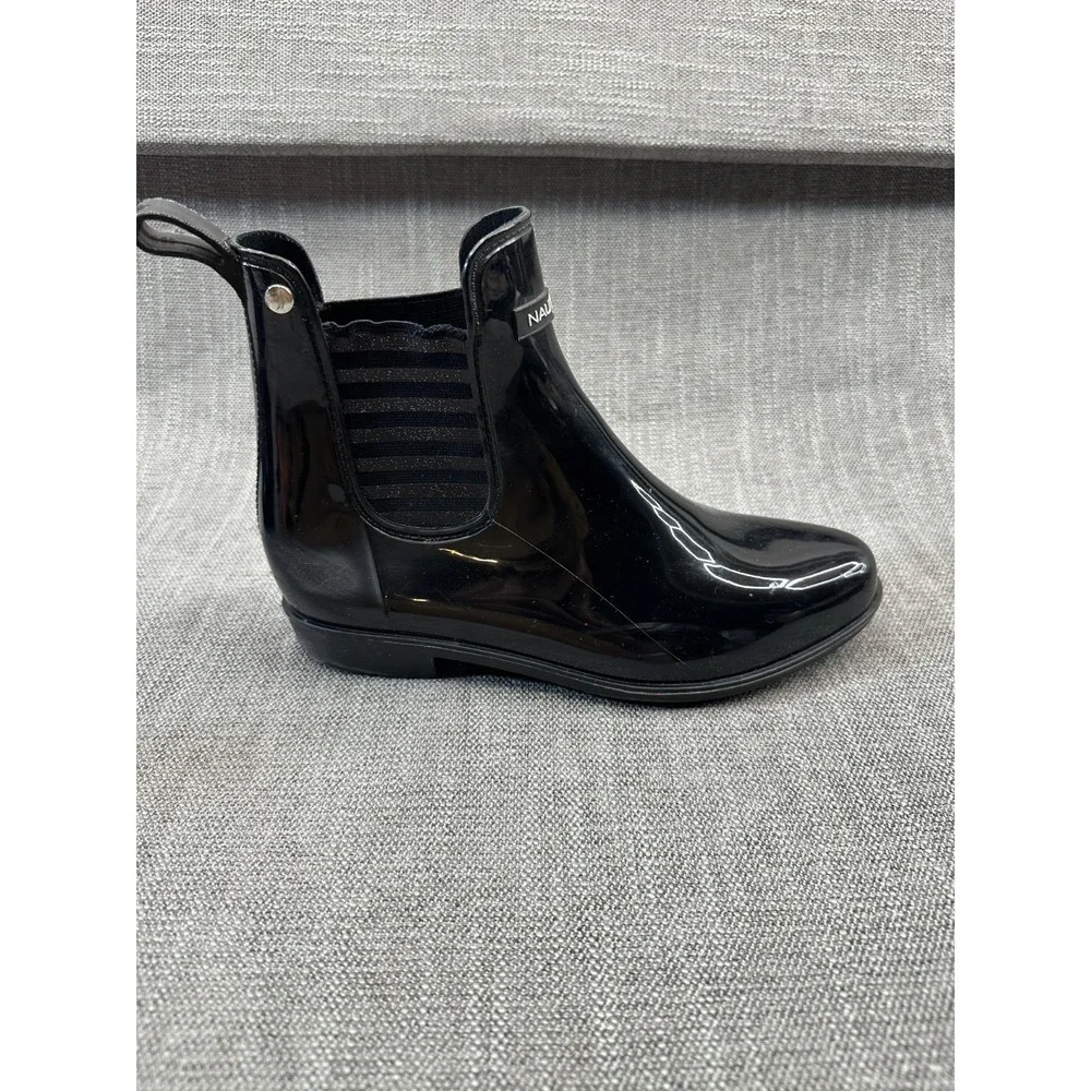 Nautica‎ Cliff Port Womens US 9 Rain Boot Black Rubber Ankle Pull On Cuban Heel